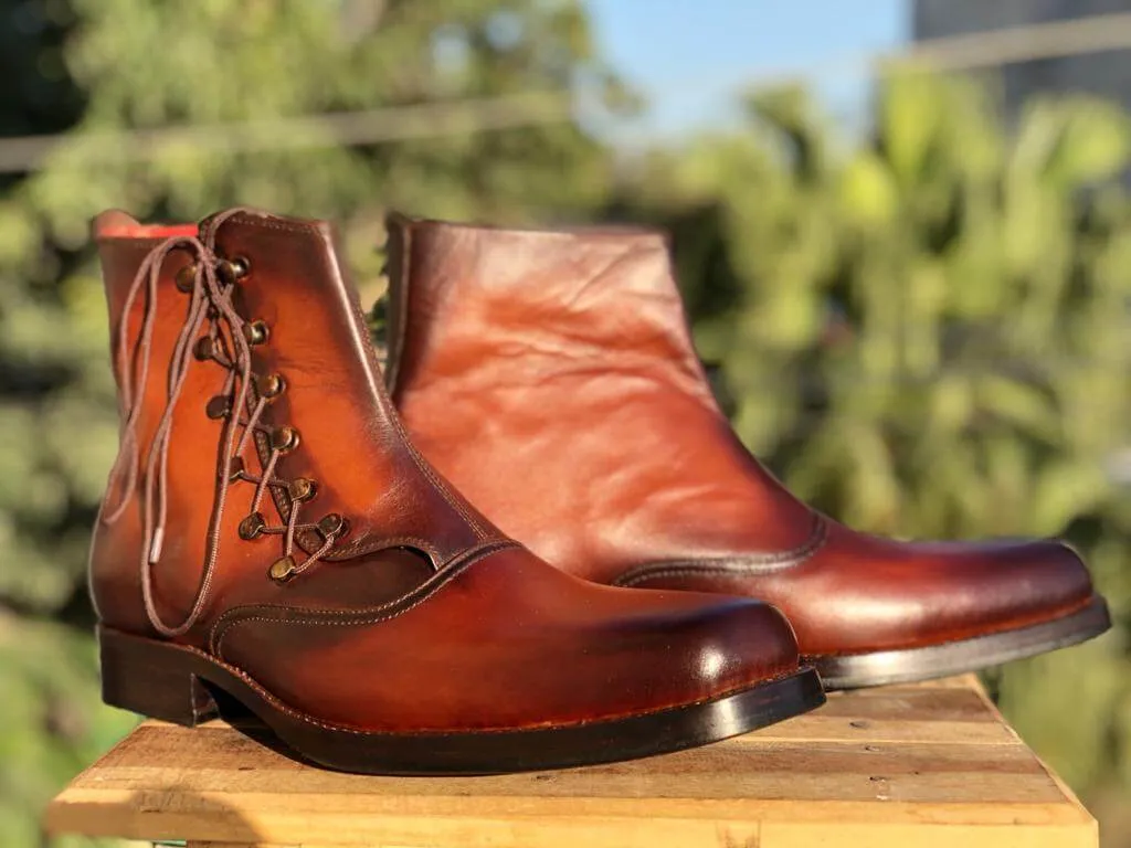 Bespoke Two Tone Brown Ankle Leather Lace Up Men's Boot