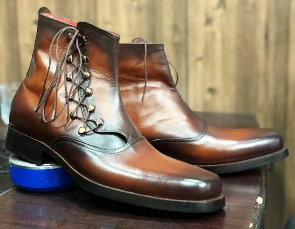 Bespoke Two Tone Brown Ankle Leather Lace Up Men's Boot