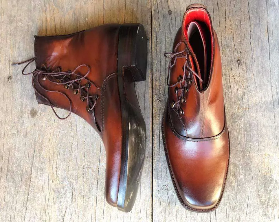 Bespoke Two Tone Brown Ankle Leather Lace Up Men's Boot
