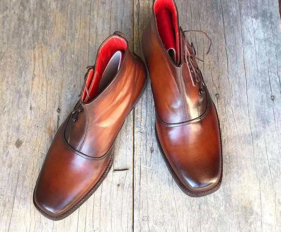 Bespoke Two Tone Brown Ankle Leather Lace Up Men's Boot