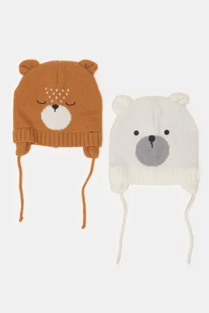 Boys Brown And Ivory Knitted Cap Set (2 Piece)