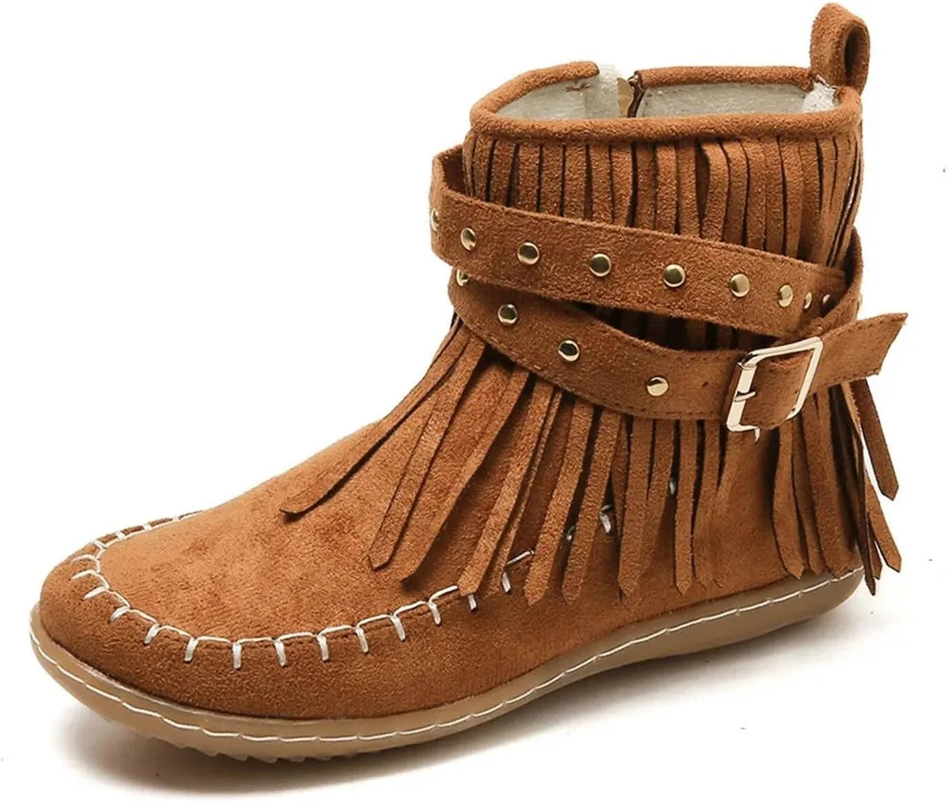 Cathalem Women's Western Cowboy Boots, Fringe Faux Suede Boots Retro Round Toe Fringe Buckle Strap Ankle Boot Lace Up Low Heel Rome Flat Shoes Tassel Knight Booties Shoes