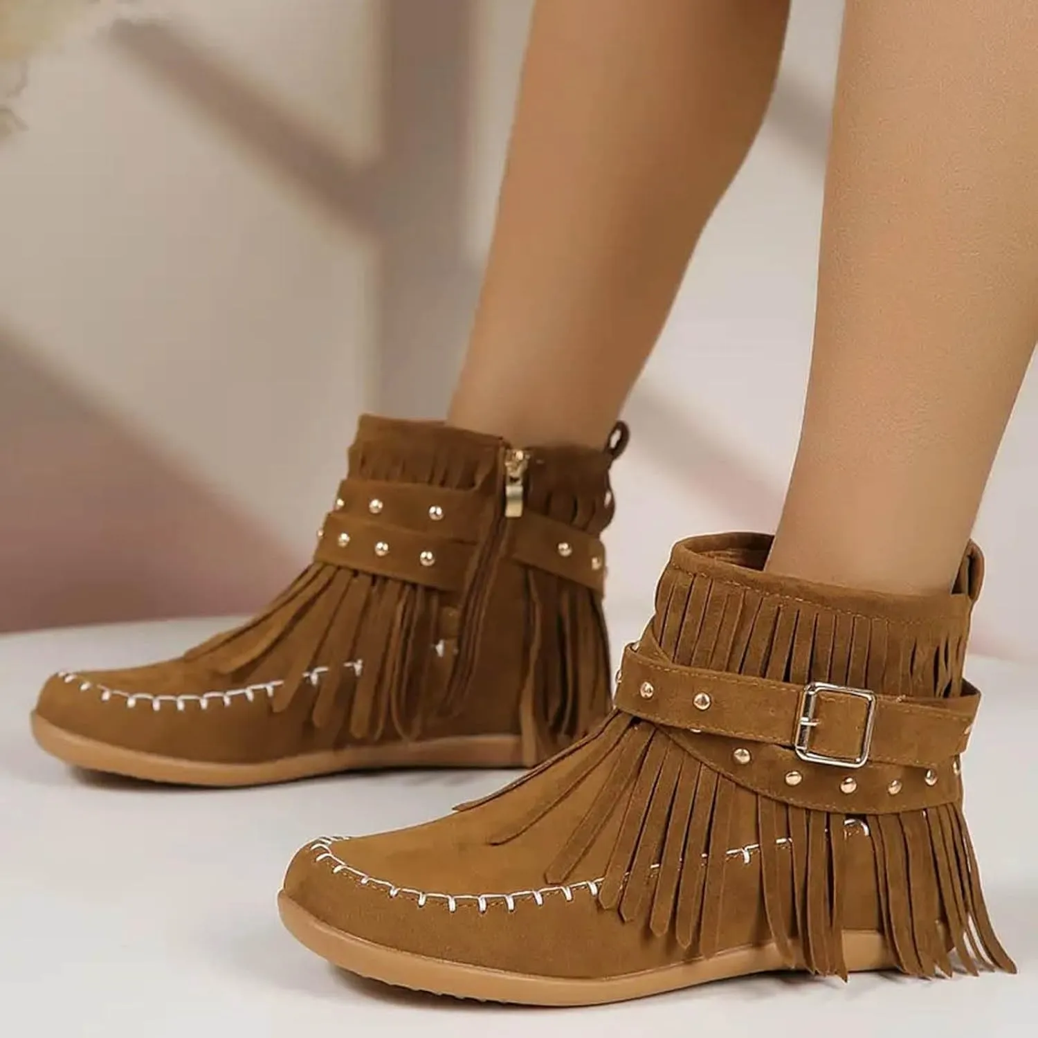 Cathalem Women's Western Cowboy Boots, Fringe Faux Suede Boots Retro Round Toe Fringe Buckle Strap Ankle Boot Lace Up Low Heel Rome Flat Shoes Tassel Knight Booties Shoes