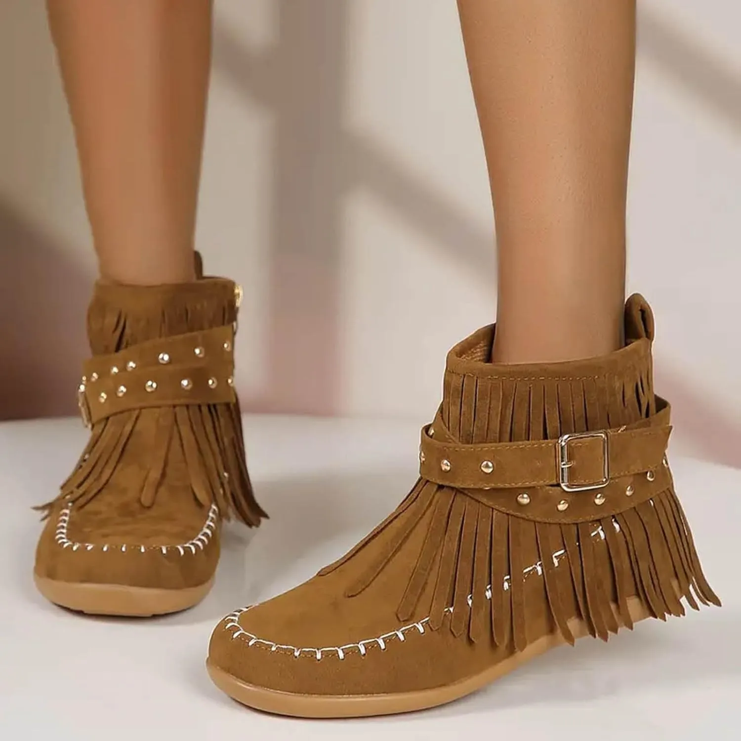 Cathalem Women's Western Cowboy Boots, Fringe Faux Suede Boots Retro Round Toe Fringe Buckle Strap Ankle Boot Lace Up Low Heel Rome Flat Shoes Tassel Knight Booties Shoes