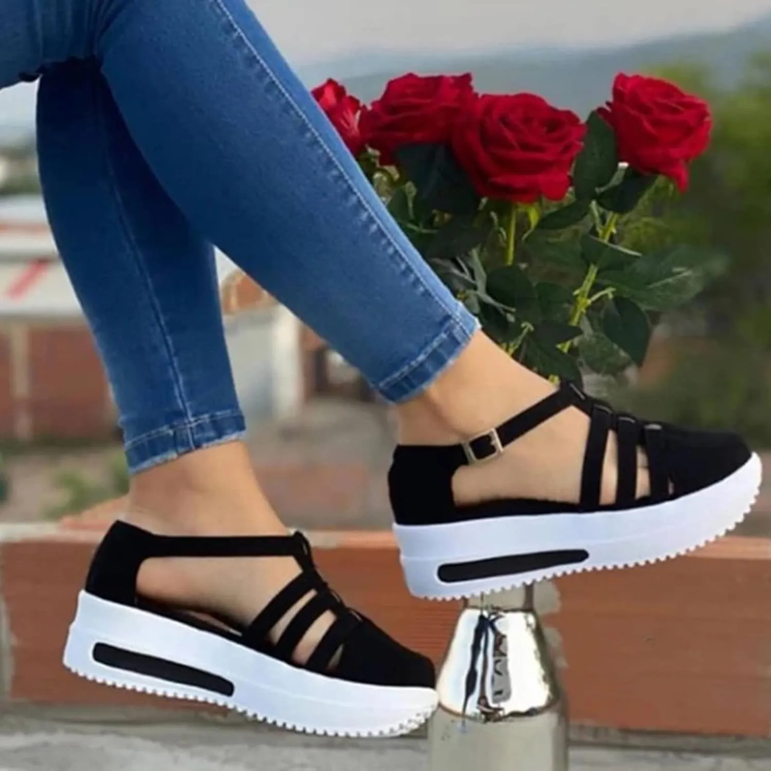 Closed Toe Sandals Women Womens Sandals Summer Casual Closed Toe Hollow Strappy Flat Sandals Buckle Strap Sandals