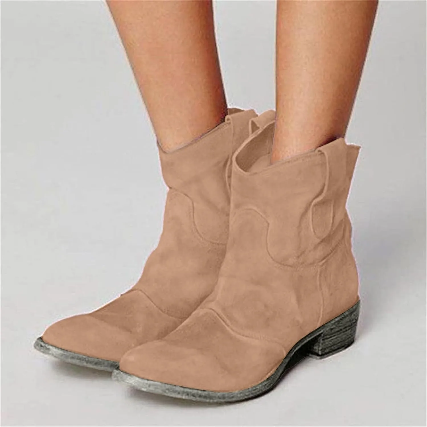 Cowboy Boots for Women Retro Faux Suede Modern Western Embroidered Chunky Heel Pointed Toe Ankle Booties Pull-Up Zipper Fall
