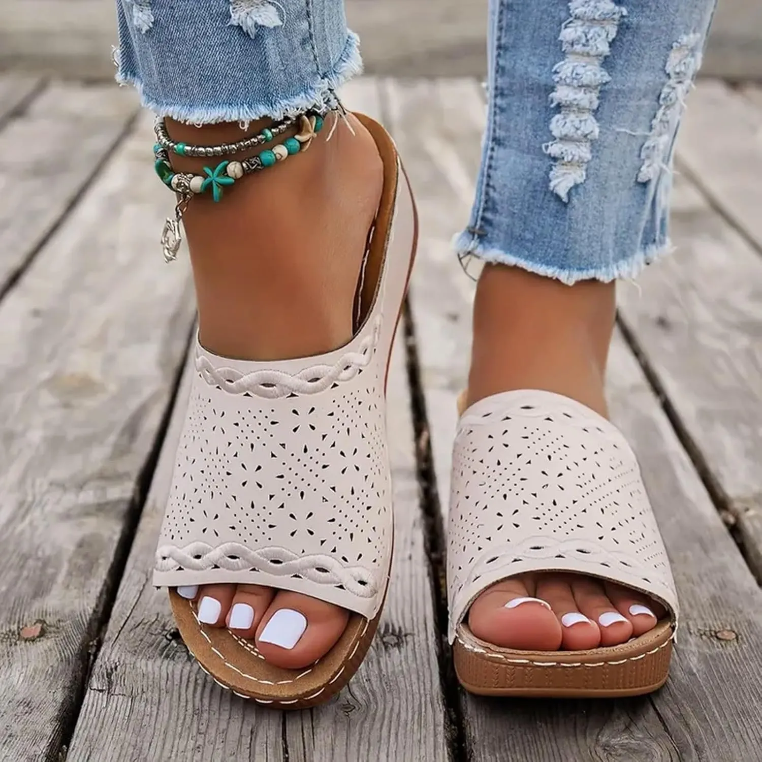 Eduavar Sandals for Women 2025 Casual Comfortable Arch Support Sandals Summer Orthotic Leather Platform Slip on Slippers