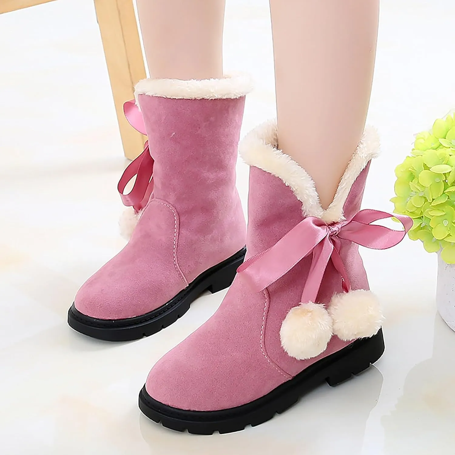Girls Winter  Boots Mid-Calf Bowknot Booties Kids Lightweight Warm Plush Soft Velvet Girls Fancy Boots