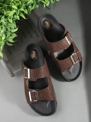 Hitz Men's Brown Leather Open Toe Slippers