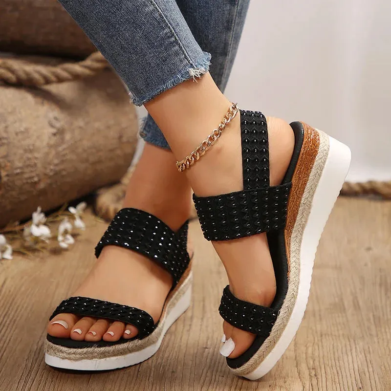 Hnzxzm Ladies Wedge Sandals 2024 Summer Fashion Sequined Cloth Platform Sandals Woman Comfortable Light Non-Slip Casual Beach Sandalias