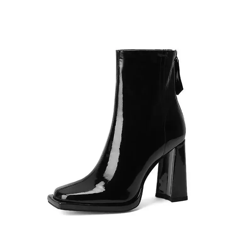 Hnzxzm Women Ankle Boots  Winter  Square Toe Retro Thick Heel Short Boots Women's Single Boots After Zipper High Heel Nude Boots