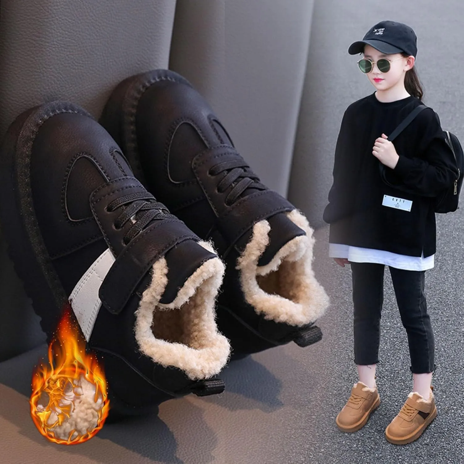 Kids Fleece Lined Sneakers Comfortable Cozy Warm Lightweight Non Slip Thick Athletic Walking 6c Boots for Toddler Girl