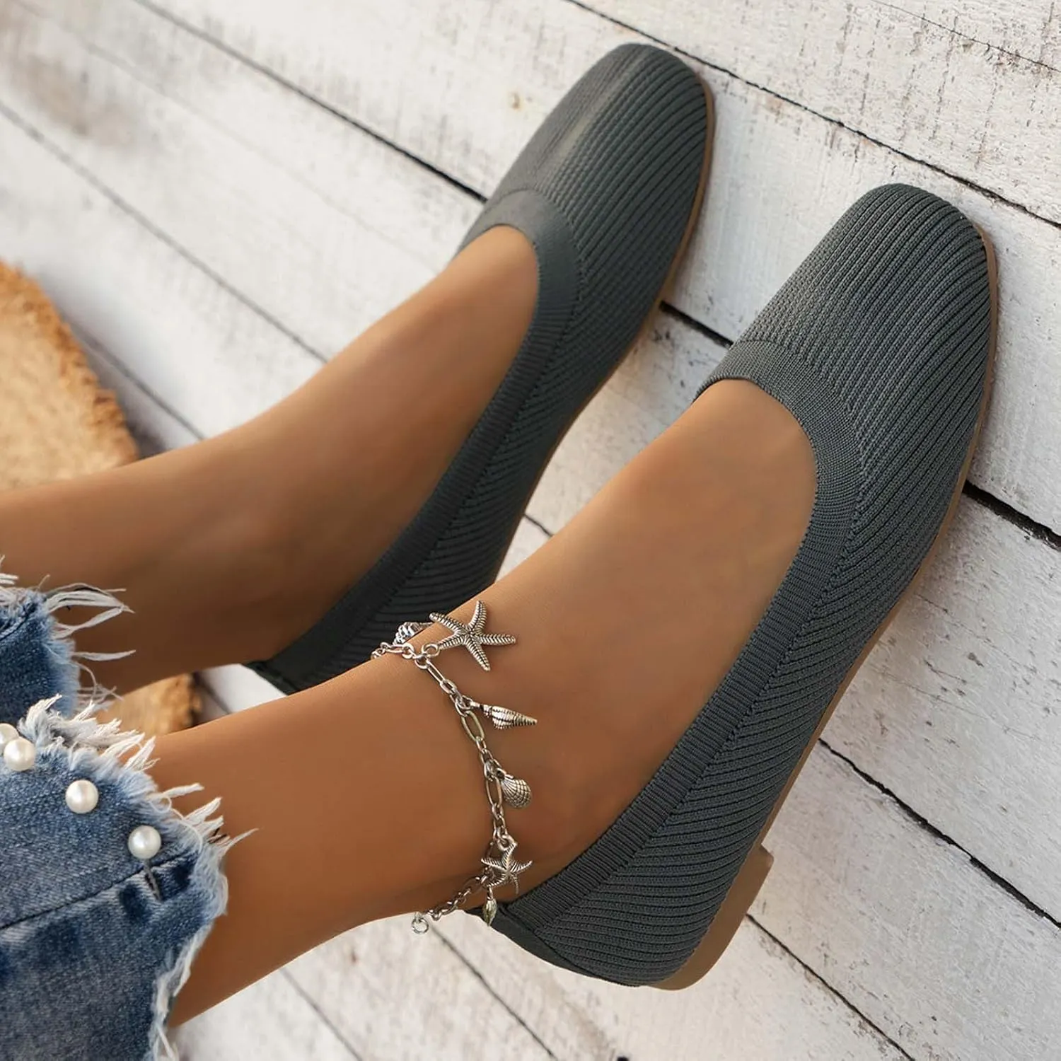 Ladies Fashion Solid Color Breathable Mesh Knitted Square Head Flat Bottom Casual Comfortable Dress Shoes for Women