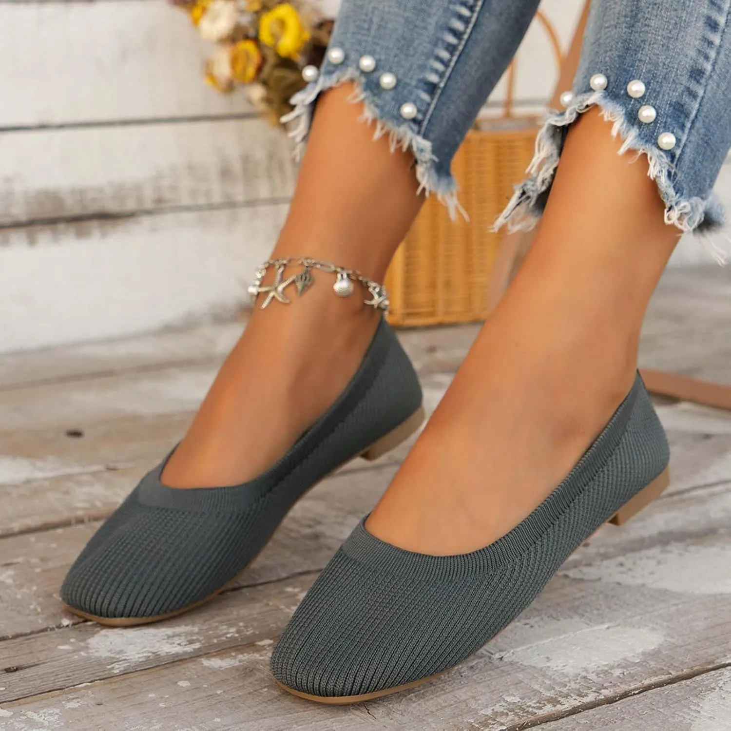 Ladies Fashion Solid Color Breathable Mesh Knitted Square Head Flat Bottom Casual Comfortable Dress Shoes for Women