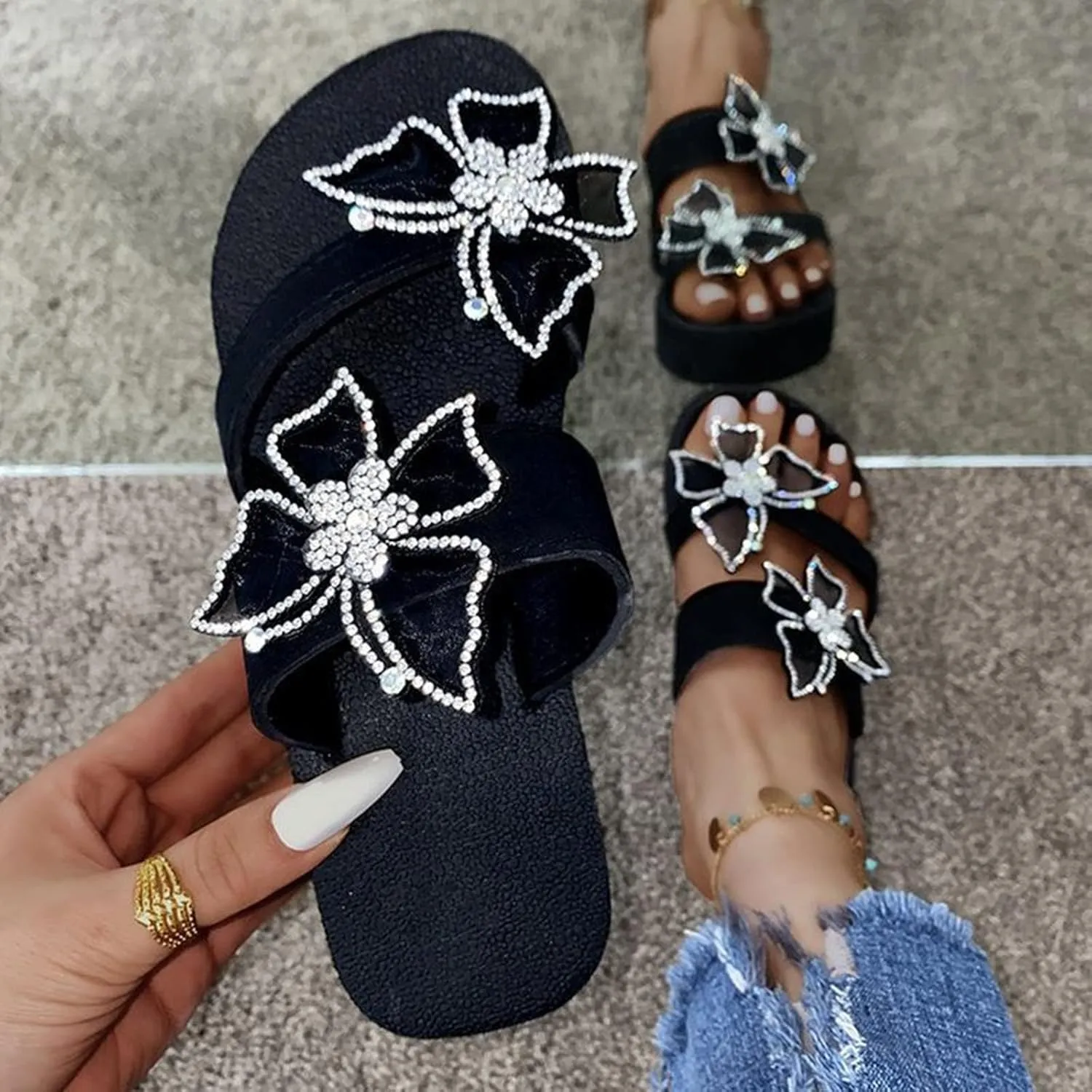 oiangi Splarkly Rhinestone Bow Sandals for Women Wedge Heel Platform Clip Toe Flip Flops Comfortable Casual Slip-on Open Toe Beach Shoes Slipper