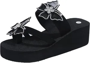oiangi Splarkly Rhinestone Bow Sandals for Women Wedge Heel Platform Clip Toe Flip Flops Comfortable Casual Slip-on Open Toe Beach Shoes Slipper