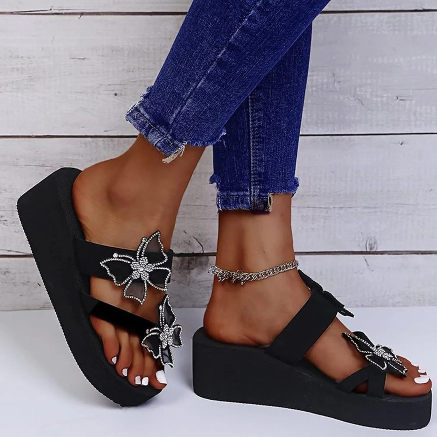 oiangi Splarkly Rhinestone Bow Sandals for Women Wedge Heel Platform Clip Toe Flip Flops Comfortable Casual Slip-on Open Toe Beach Shoes Slipper