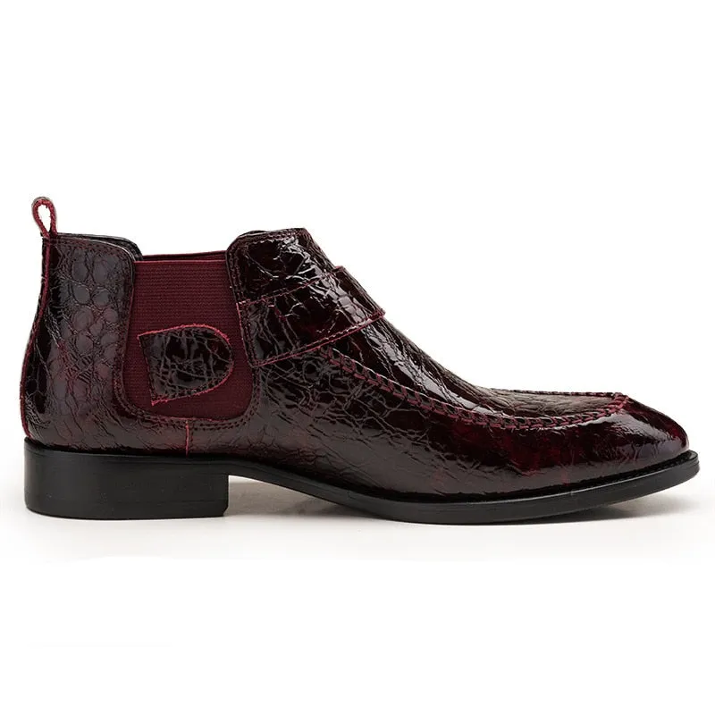 Pointed Toe Croco Pattern with Pin Buckle Design Men Ankle Boot