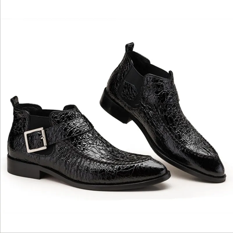 Pointed Toe Croco Pattern with Pin Buckle Design Men Ankle Boot