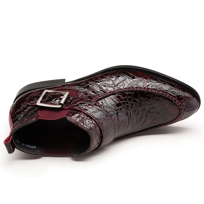 Pointed Toe Croco Pattern with Pin Buckle Design Men Ankle Boot