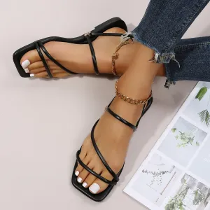 Sohiwoo Women Black Square Toe Slip on Flat Multi Straps Slide Sandals