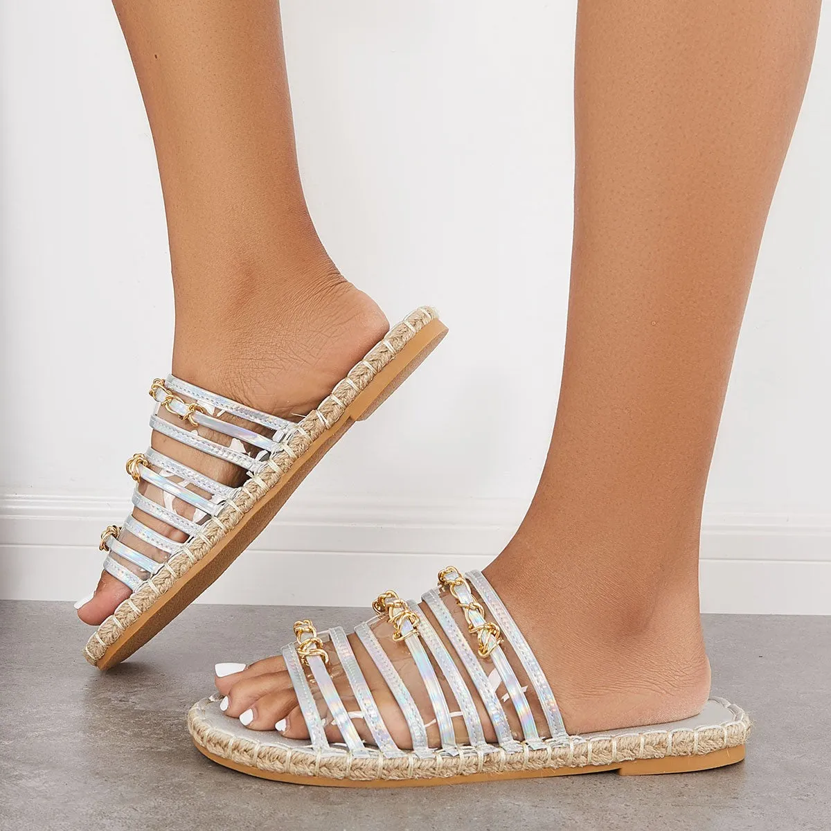 Sohiwoo Women Chain Straps Slip on Espadrille Flat Slide Sandals