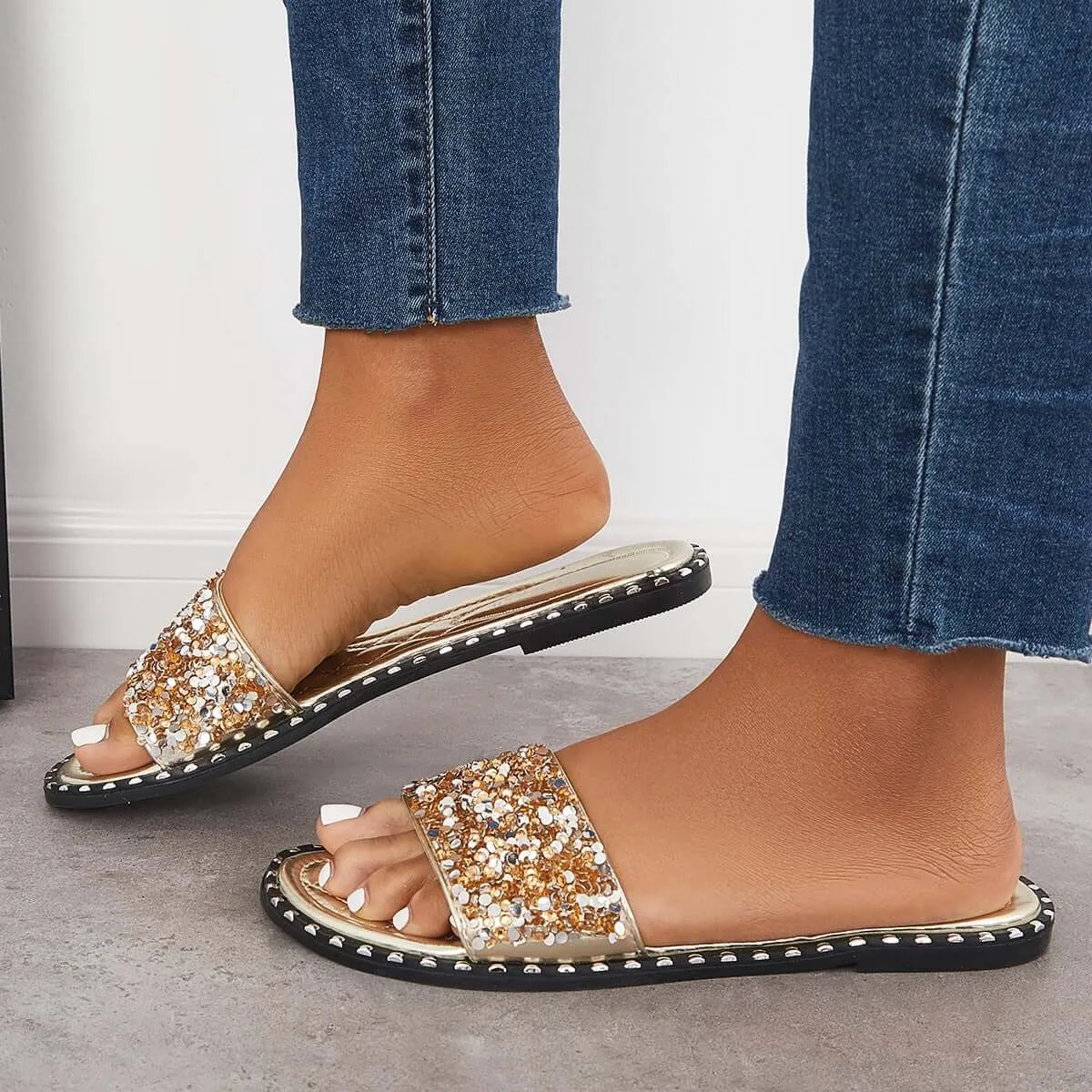 Sohiwoo  Women Rhinestone Slip on Flat Sandals Sparkly Slippers