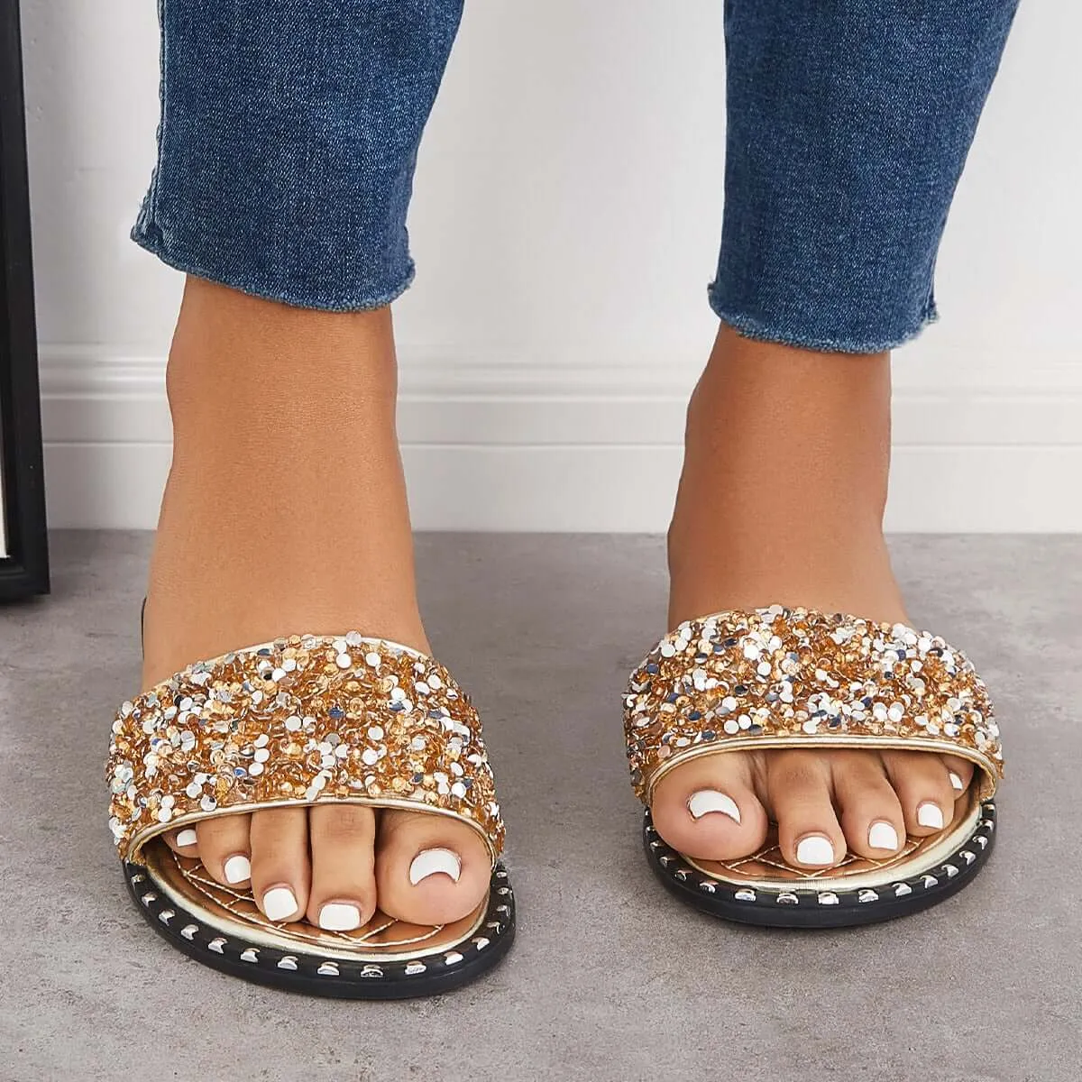 Sohiwoo  Women Rhinestone Slip on Flat Sandals Sparkly Slippers