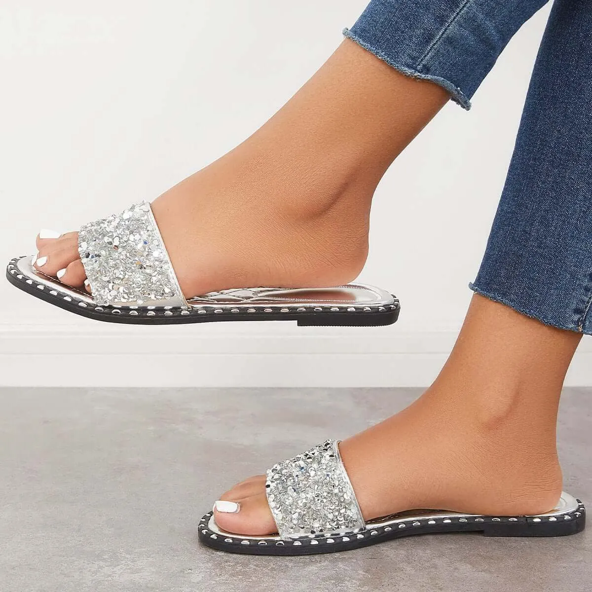 Sohiwoo  Women Rhinestone Slip on Flat Sandals Sparkly Slippers