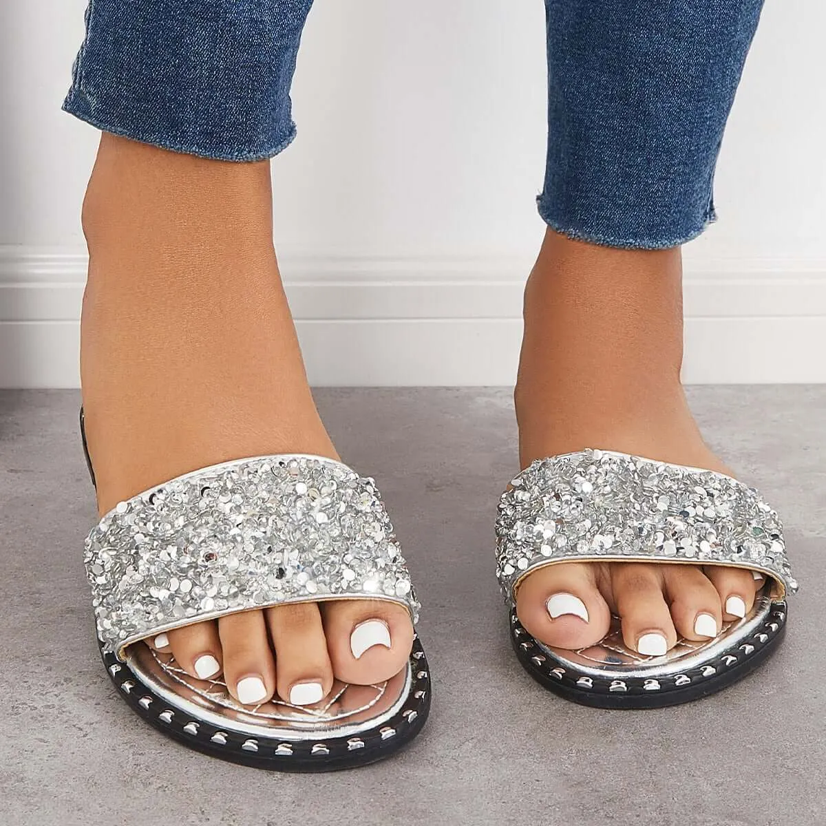 Sohiwoo  Women Rhinestone Slip on Flat Sandals Sparkly Slippers