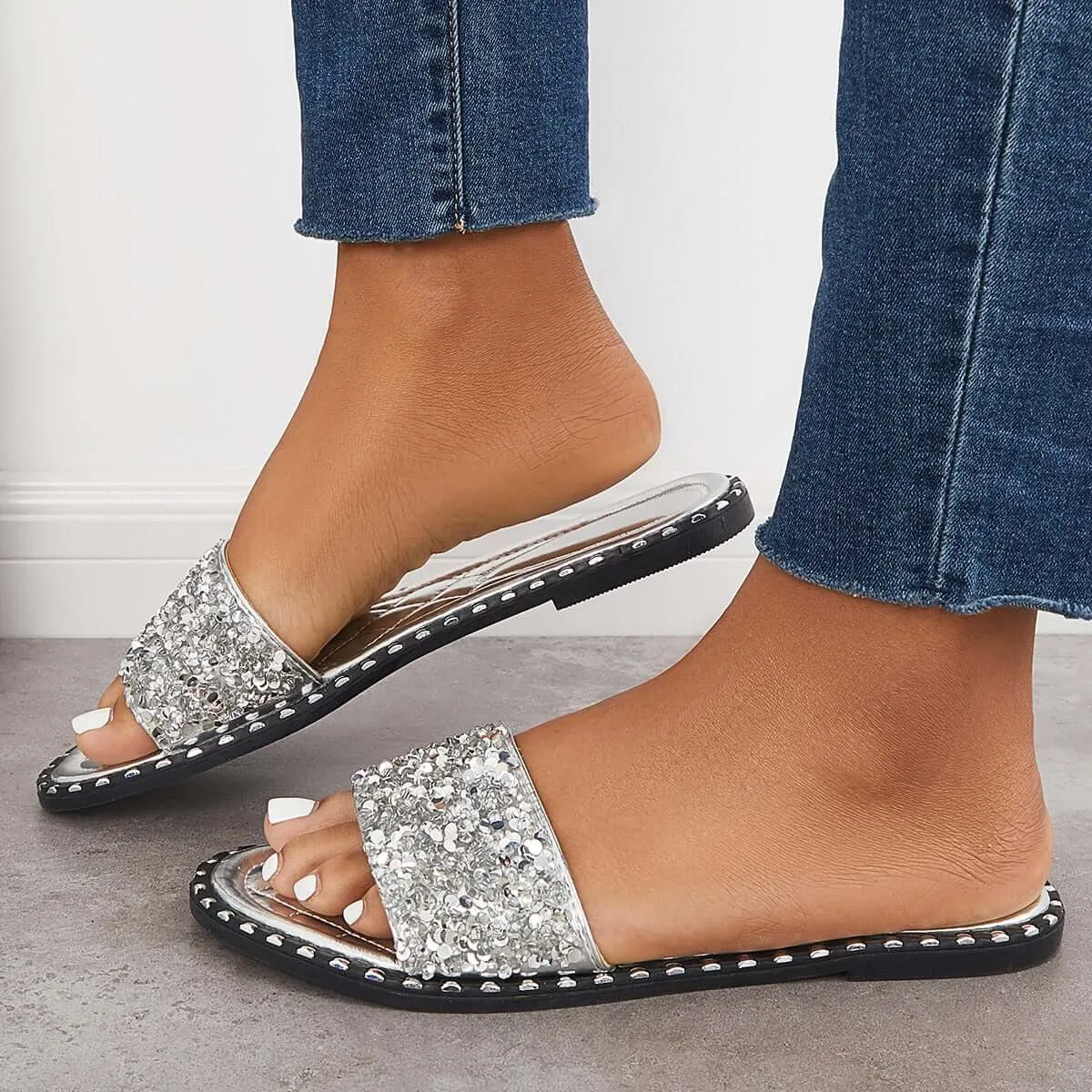 Sohiwoo  Women Rhinestone Slip on Flat Sandals Sparkly Slippers