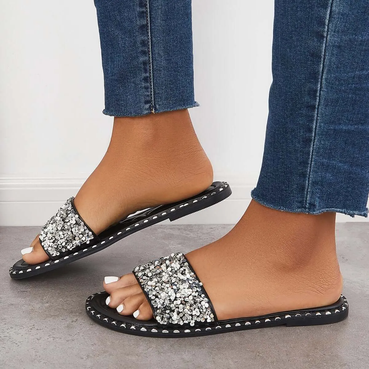 Sohiwoo  Women Rhinestone Slip on Flat Sandals Sparkly Slippers