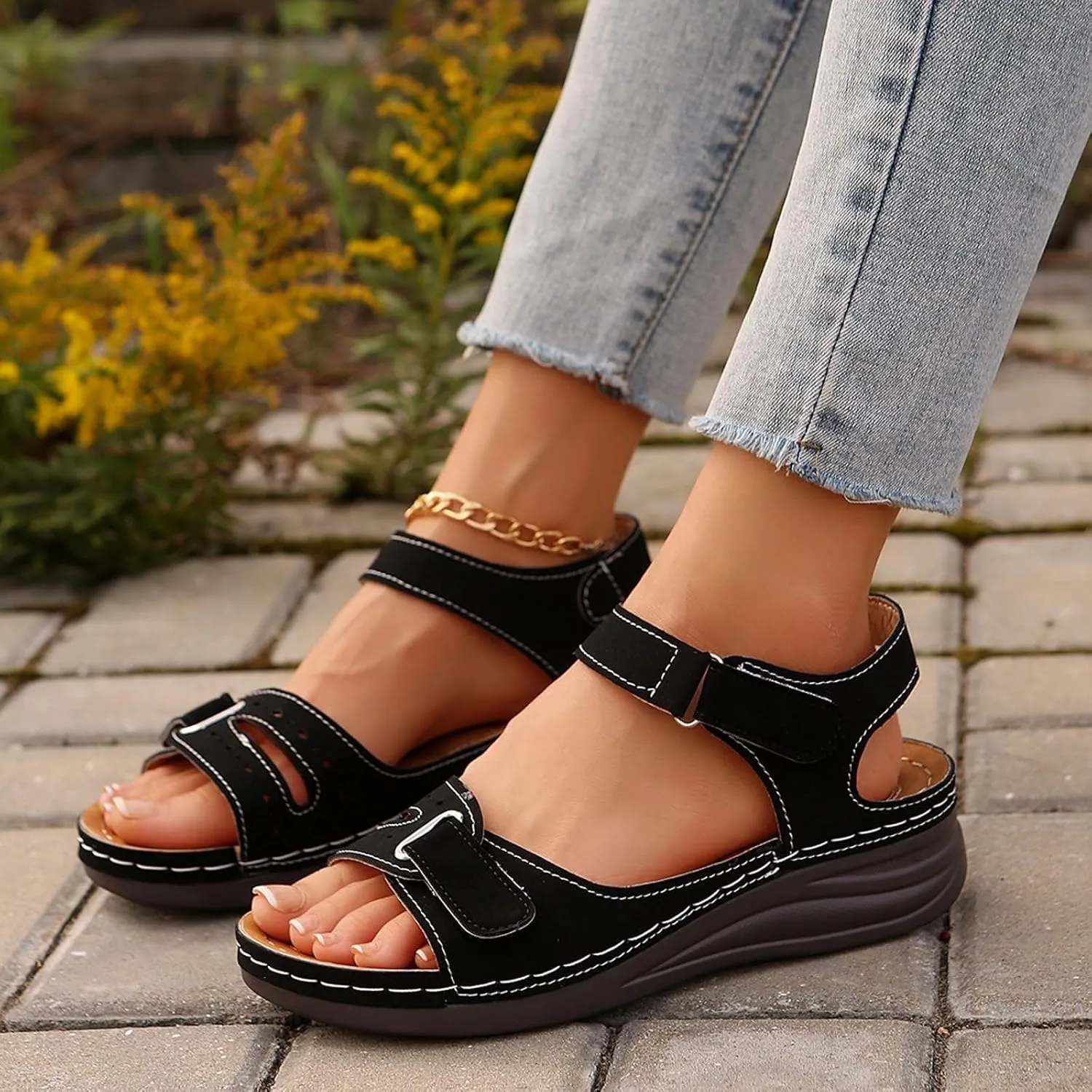 Women Arch Support Walking Sandals Summer Open Toe Orthopedic Platform Slip on Sandals