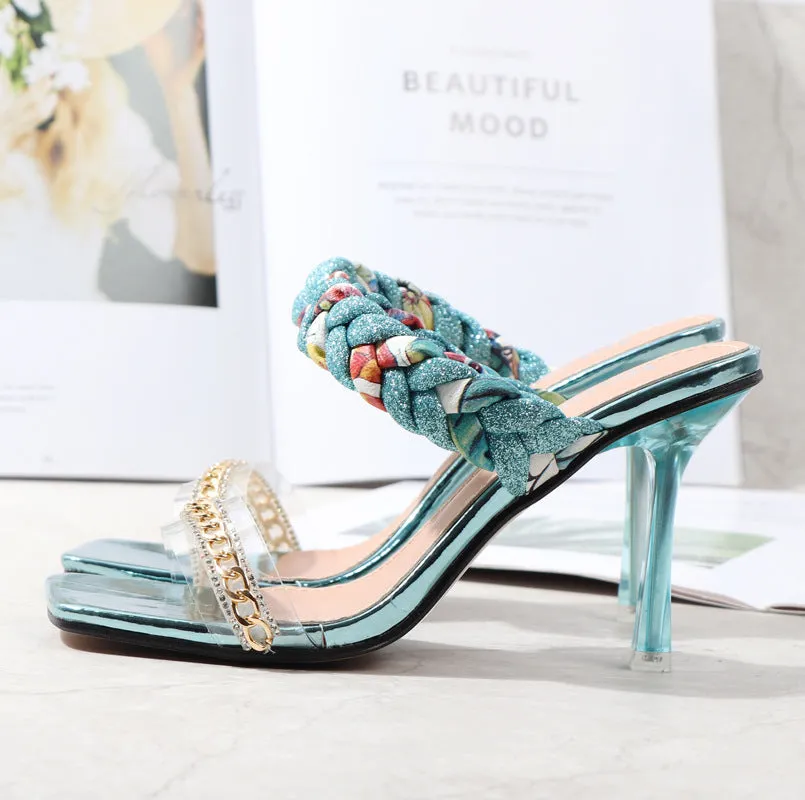 Women Shoes Summer New Fashion Open Toe Modern Roma Ladies Sandals Heels Electroplated Metal Chain Square Toe Stiletto  hy180