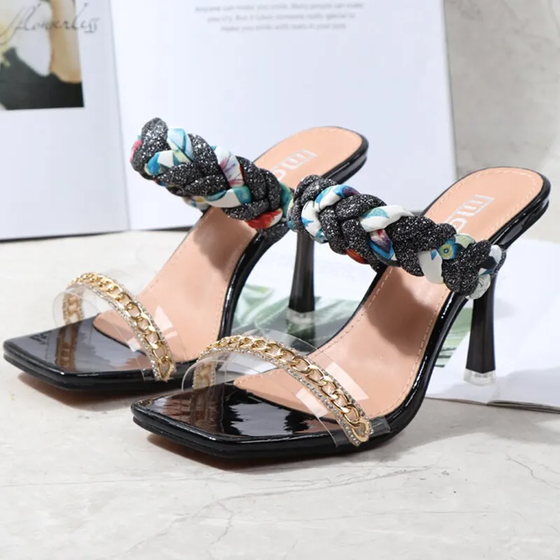 Women Shoes Summer New Fashion Open Toe Modern Roma Ladies Sandals Heels Electroplated Metal Chain Square Toe Stiletto  hy180