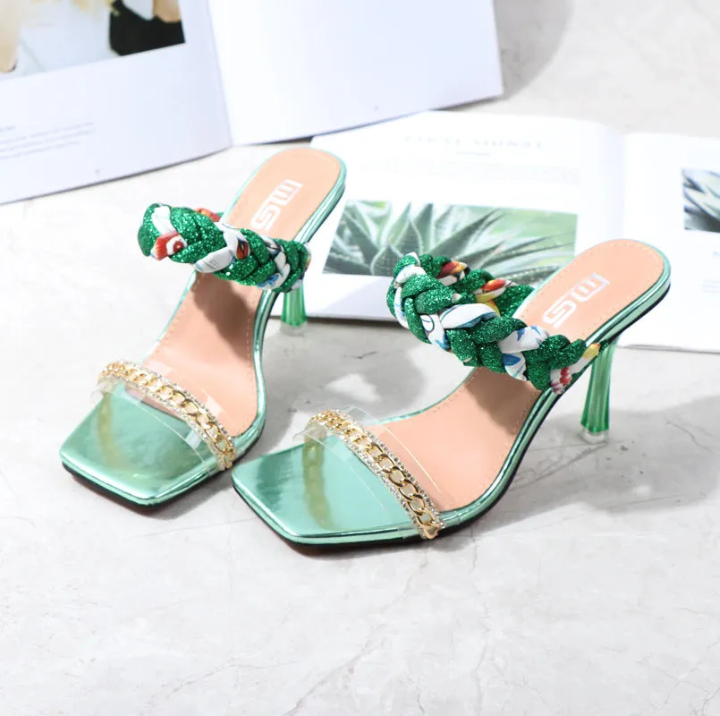 Women Shoes Summer New Fashion Open Toe Modern Roma Ladies Sandals Heels Electroplated Metal Chain Square Toe Stiletto  hy180