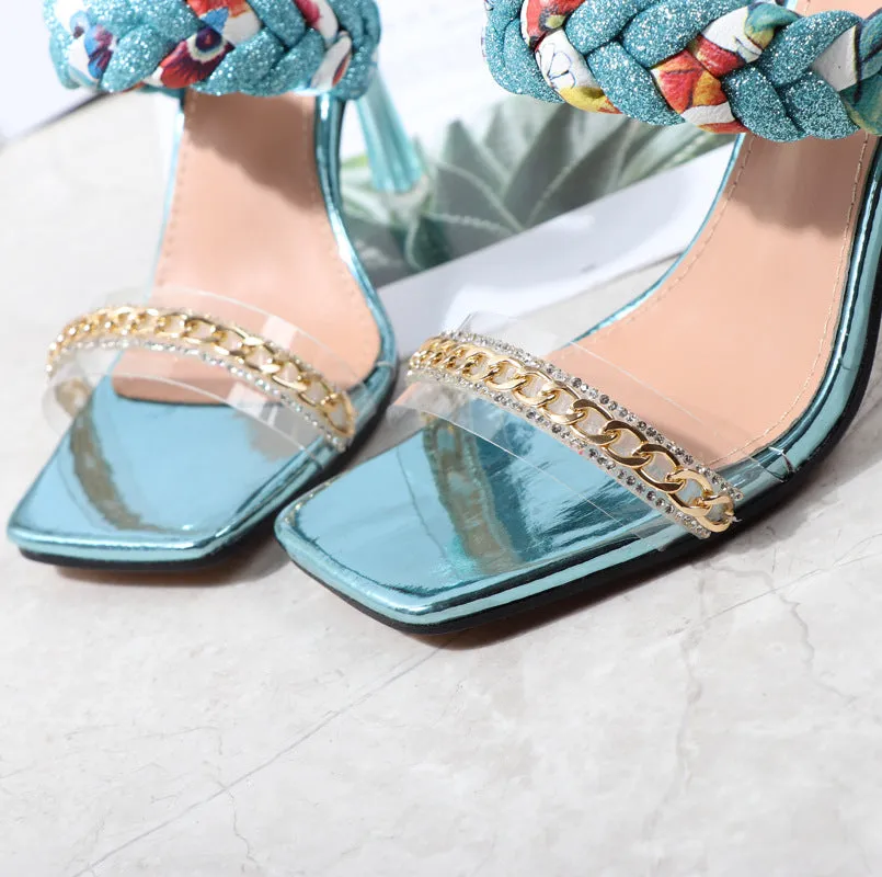 Women Shoes Summer New Fashion Open Toe Modern Roma Ladies Sandals Heels Electroplated Metal Chain Square Toe Stiletto  hy180