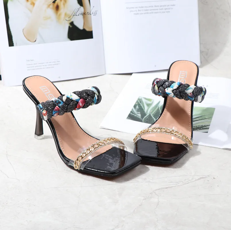 Women Shoes Summer New Fashion Open Toe Modern Roma Ladies Sandals Heels Electroplated Metal Chain Square Toe Stiletto  hy180