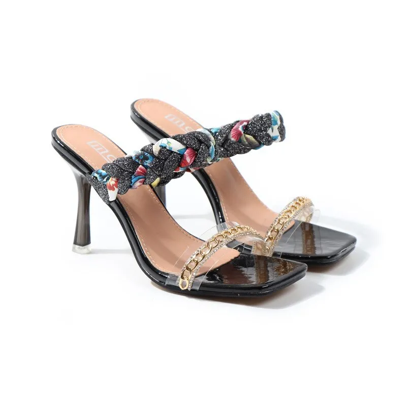 Women Shoes Summer New Fashion Open Toe Modern Roma Ladies Sandals Heels Electroplated Metal Chain Square Toe Stiletto  hy180