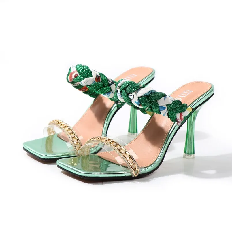 Women Shoes Summer New Fashion Open Toe Modern Roma Ladies Sandals Heels Electroplated Metal Chain Square Toe Stiletto  hy180