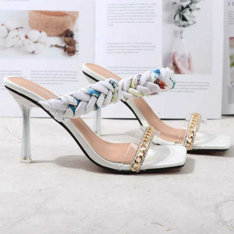 Women Shoes Summer New Fashion Open Toe Modern Roma Ladies Sandals Heels Electroplated Metal Chain Square Toe Stiletto  hy180