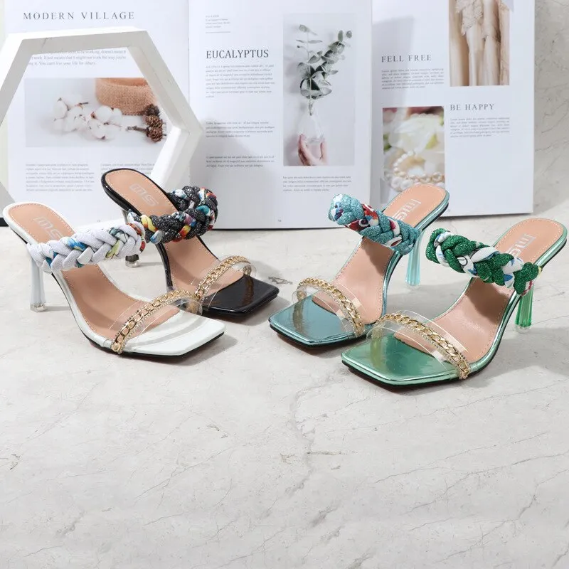 Women Shoes Summer New Fashion Open Toe Modern Roma Ladies Sandals Heels Electroplated Metal Chain Square Toe Stiletto  hy180