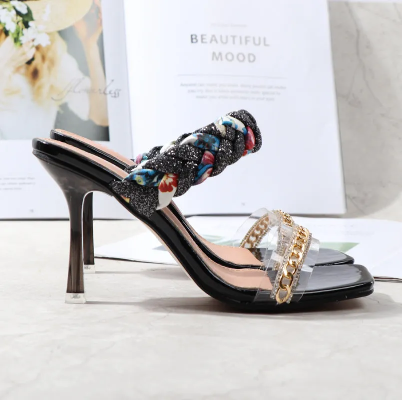 Women Shoes Summer New Fashion Open Toe Modern Roma Ladies Sandals Heels Electroplated Metal Chain Square Toe Stiletto  hy180