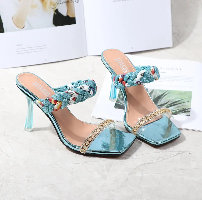 Women Shoes Summer New Fashion Open Toe Modern Roma Ladies Sandals Heels Electroplated Metal Chain Square Toe Stiletto  hy180