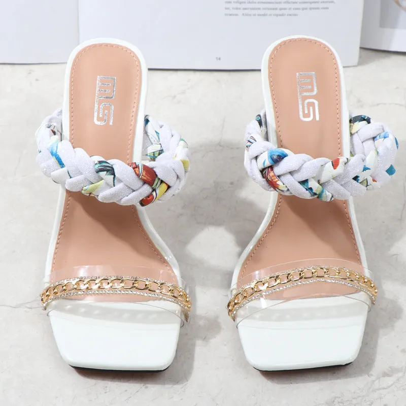 Women Shoes Summer New Fashion Open Toe Modern Roma Ladies Sandals Heels Electroplated Metal Chain Square Toe Stiletto  hy180