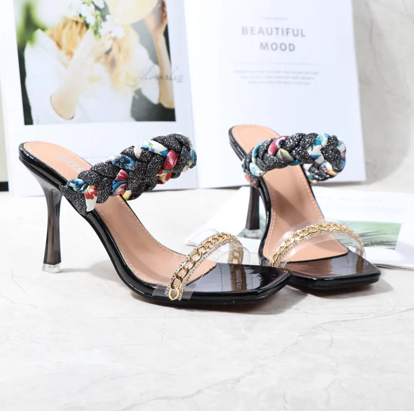 Women Shoes Summer New Fashion Open Toe Modern Roma Ladies Sandals Heels Electroplated Metal Chain Square Toe Stiletto  hy180
