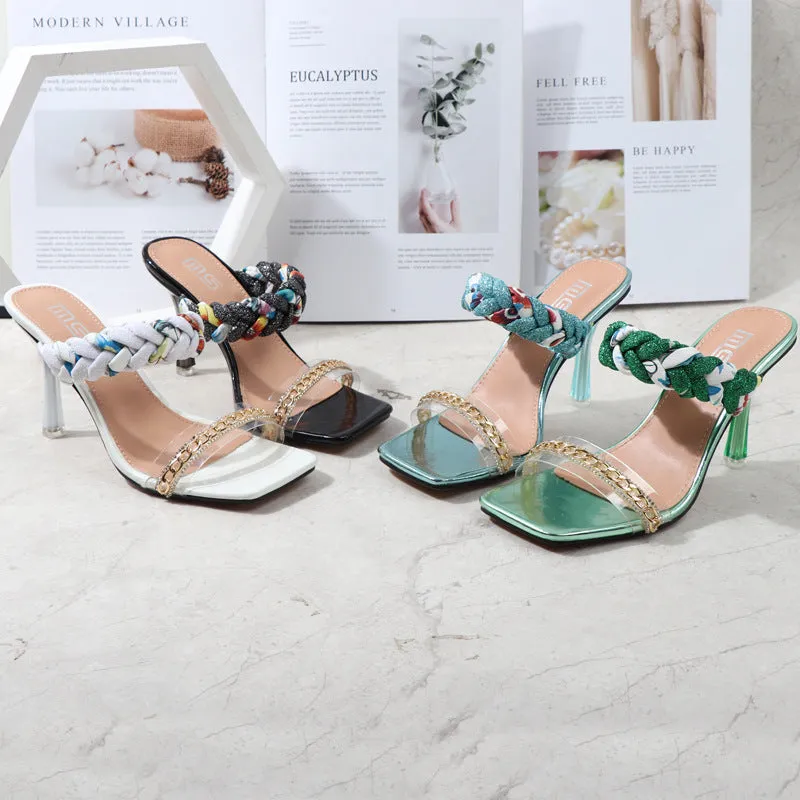 Women Shoes Summer New Fashion Open Toe Modern Roma Ladies Sandals Heels Electroplated Metal Chain Square Toe Stiletto  hy180