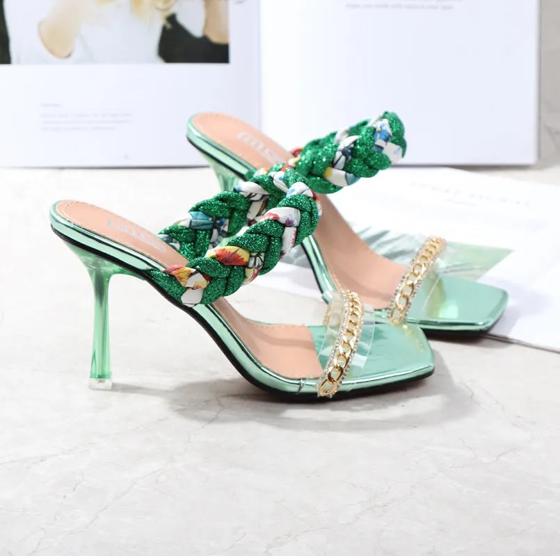 Women Shoes Summer New Fashion Open Toe Modern Roma Ladies Sandals Heels Electroplated Metal Chain Square Toe Stiletto  hy180
