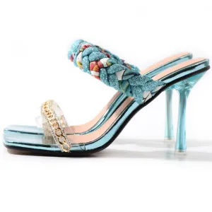Women Shoes Summer New Fashion Open Toe Modern Roma Ladies Sandals Heels Electroplated Metal Chain Square Toe Stiletto  hy180