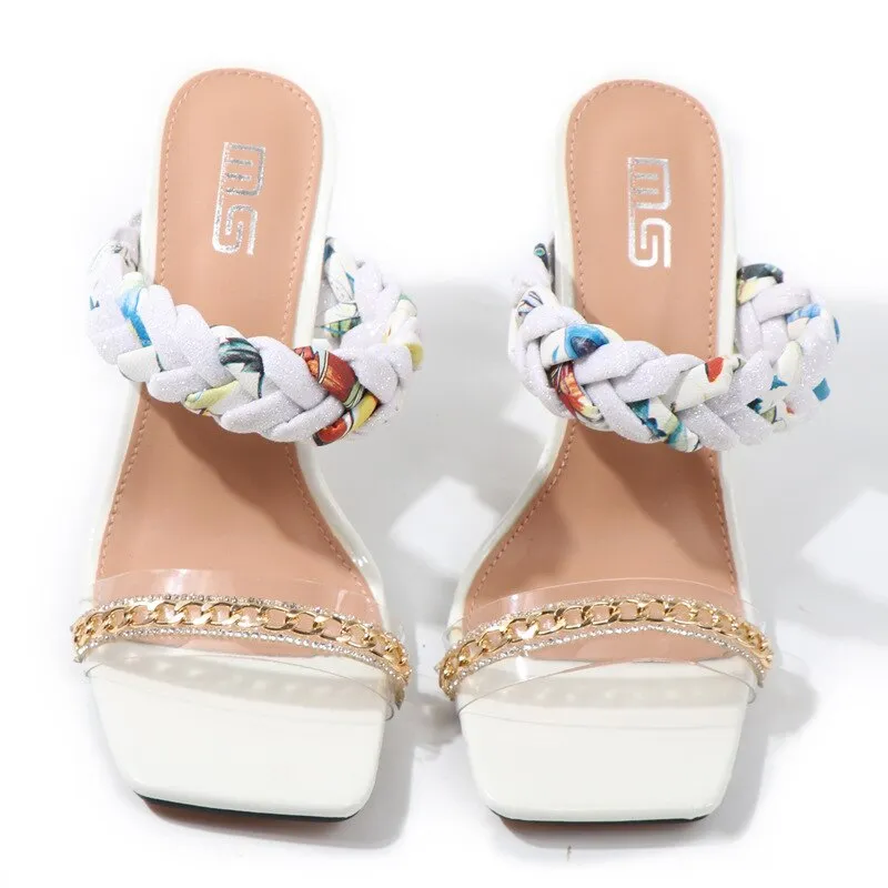 Women Shoes Summer New Fashion Open Toe Modern Roma Ladies Sandals Heels Electroplated Metal Chain Square Toe Stiletto  hy180